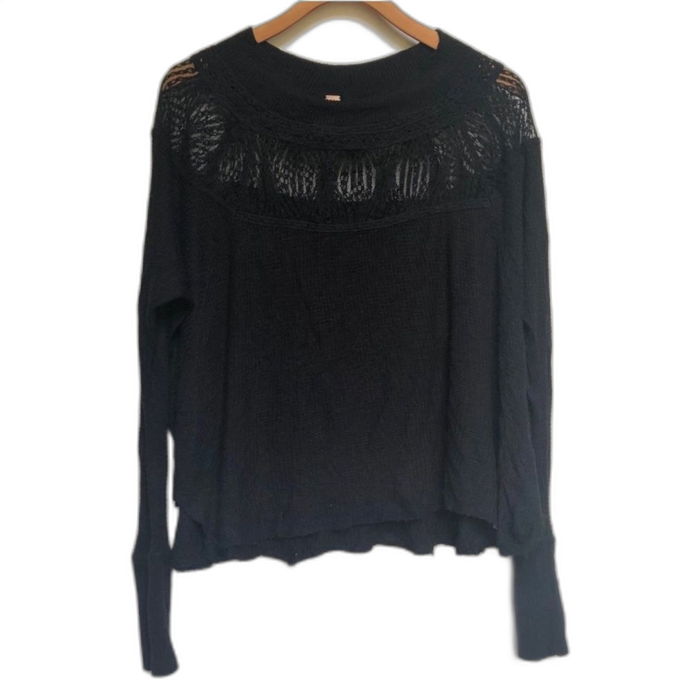 Free People Black Spring Valley Lace Trim Tunic Blouse Size Small Long Sleeve